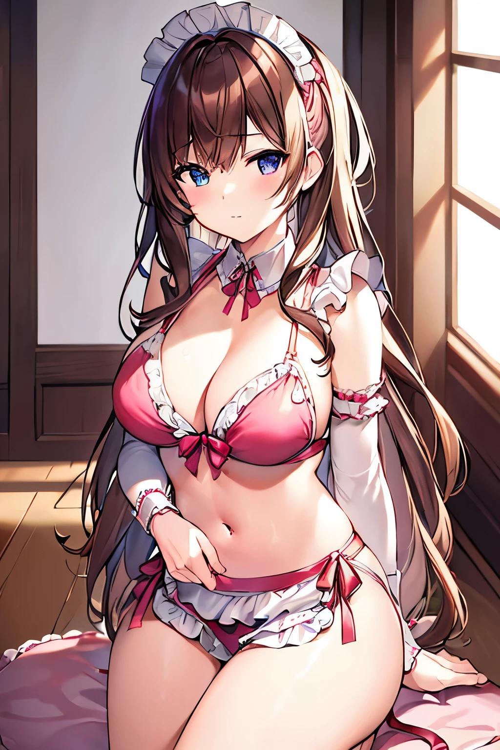 (4K、high resolution、Detailed light、Detailed Shadows、Detailed Design)、1 person、Bronze Hair、Pink maid outfit、(Bikini Maid Costumes)、A maid-like pose