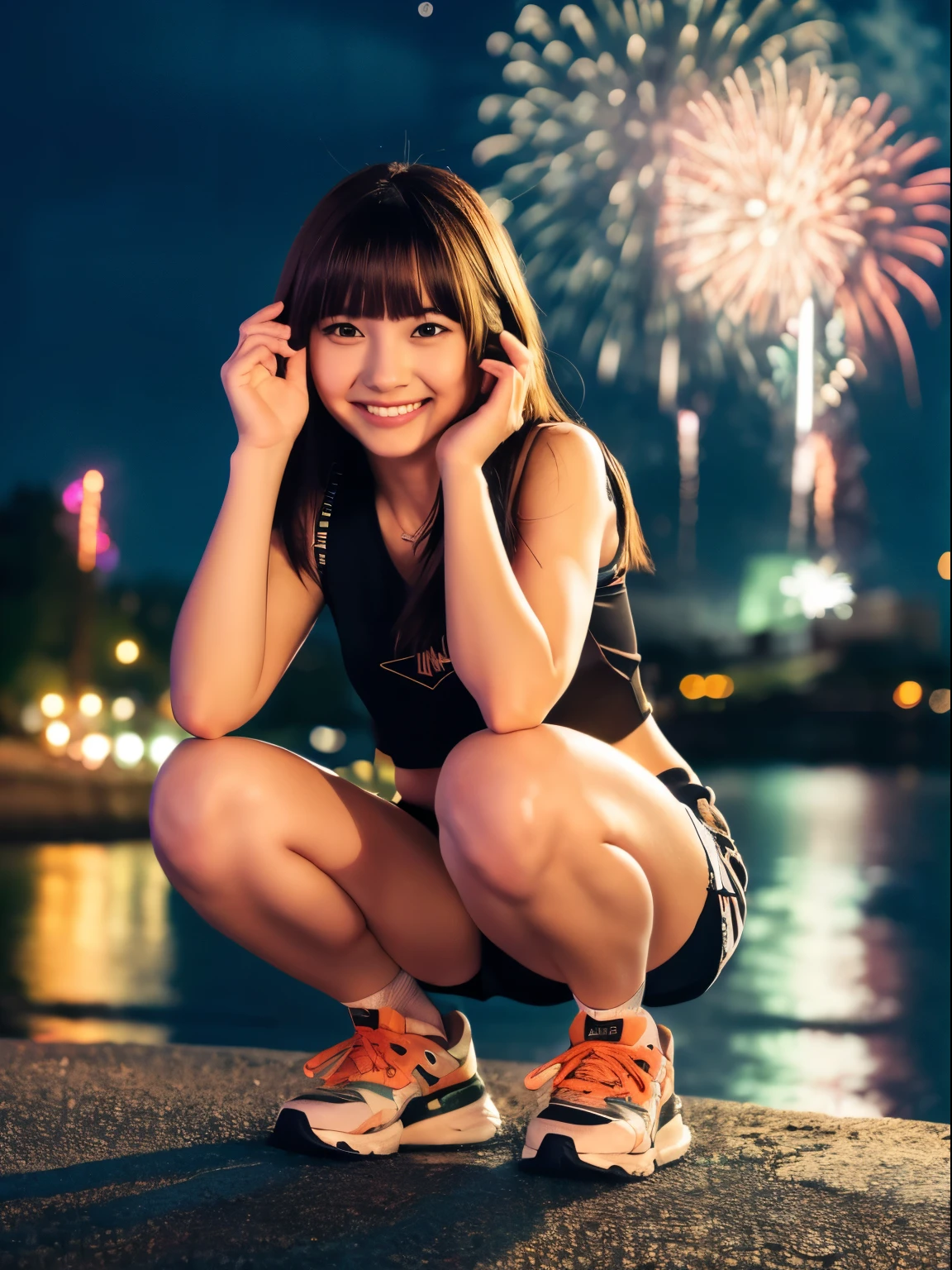 (8k, Top quality, Masterpiece:1.2), (Realistic, photo-realistic:1.37), Super detailed, perfect anatomy, cute, small eyes, 1, a Japanese, girl, shorts, squatting, handheld fireworks, at night, smile,