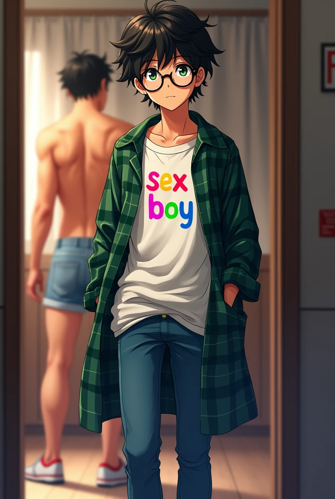 A very handsome male teenager, he has curly black hair, slightly tanned skin, a light brown tone, green eyes, wearing glasses, wearing a very loose white shirt with the words Sex Boy written in rainbows. He also wears an open green checkered coat, blue jeans, white shoes with red. He is in a room specialized for having sex and behind him there is a very handsome man without a shirt and wearing very short shorts that show his butt a little. The image has to be in anime.