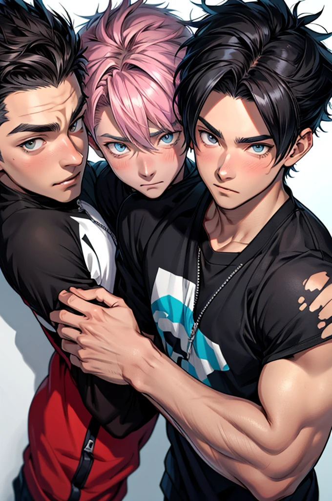 Masterpiece, best work, anime style, 3boys, in their 19-20 years old, stylish clothing, each different hairstyles and colors, hot, well drawn detailed eyes, boy1: shy expression, boy2: confident, boy3: happy,
