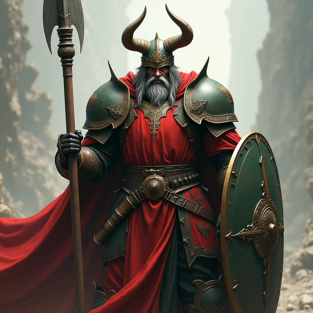 Elden ring, limgrave knight, great spear, great shield, hellmet, red and green armor, portrait