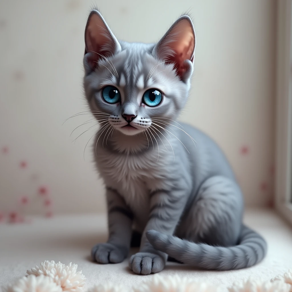 gray tabby devon rex cat with blue eyes
