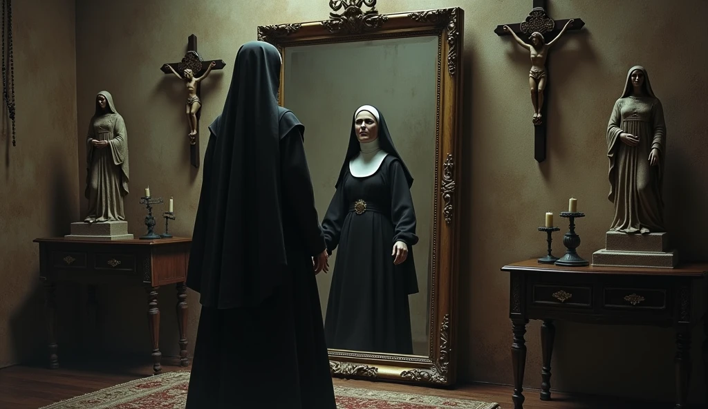 The Nun of Monza standing in front of a large, old mirror in her private quarters, her reflection showing a different, more sinister expression than her real face. The room is filled with religious symbols, but there is a hidden compartment in the wall slightly visible, suggesting concealed secrets