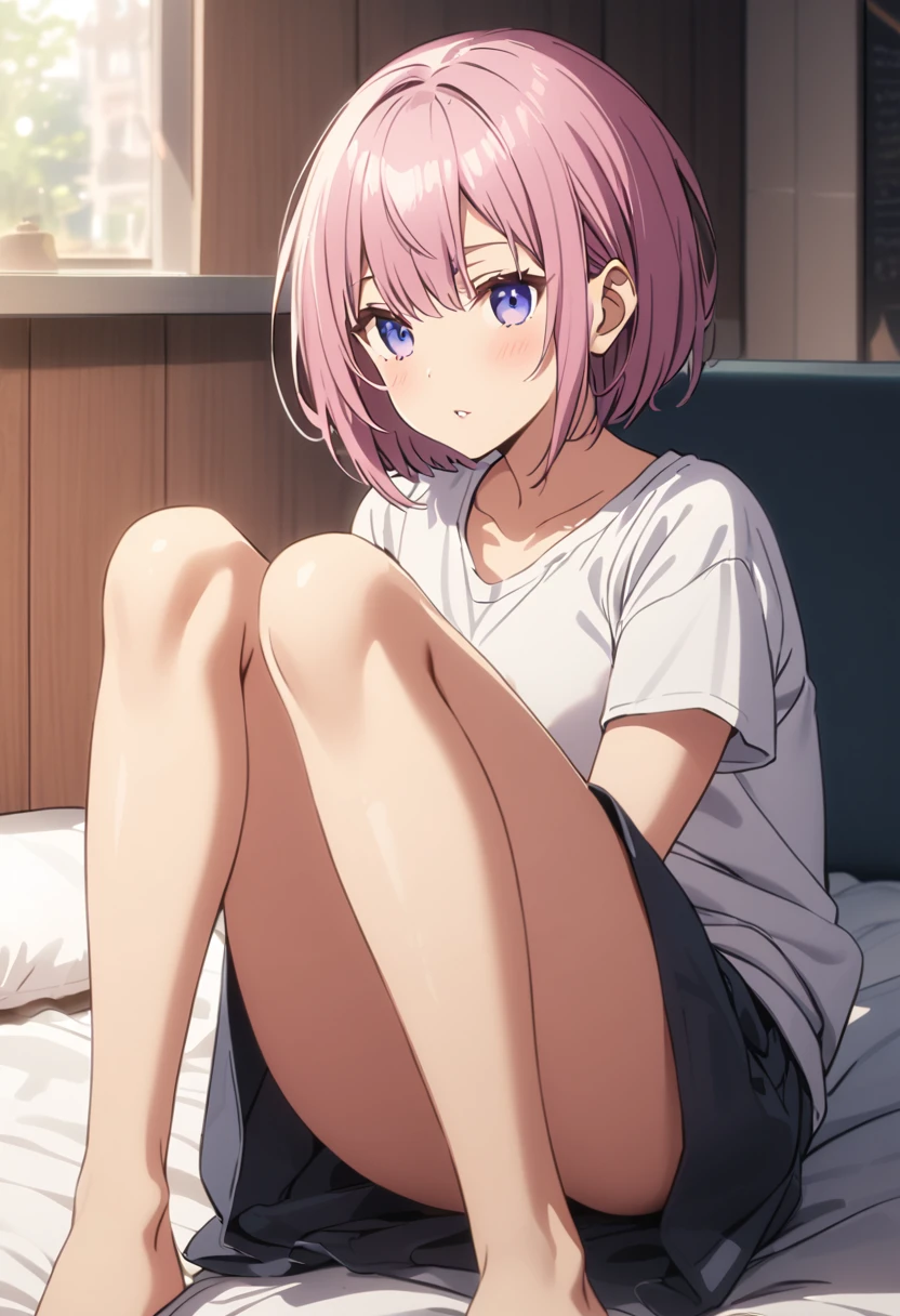 (Highest quality, 4K, 8k, High resolution, masterpiece:1.2), Very detailed, Picturesque, Animated Photography, Photo Animation:1.37)、Japanese girl、(Pink Hair)、(Pixie Cut)、(chibi:1.4),white shirt、short pants、sitting on bed、on one knee、Full body photography、Nakano ichika
