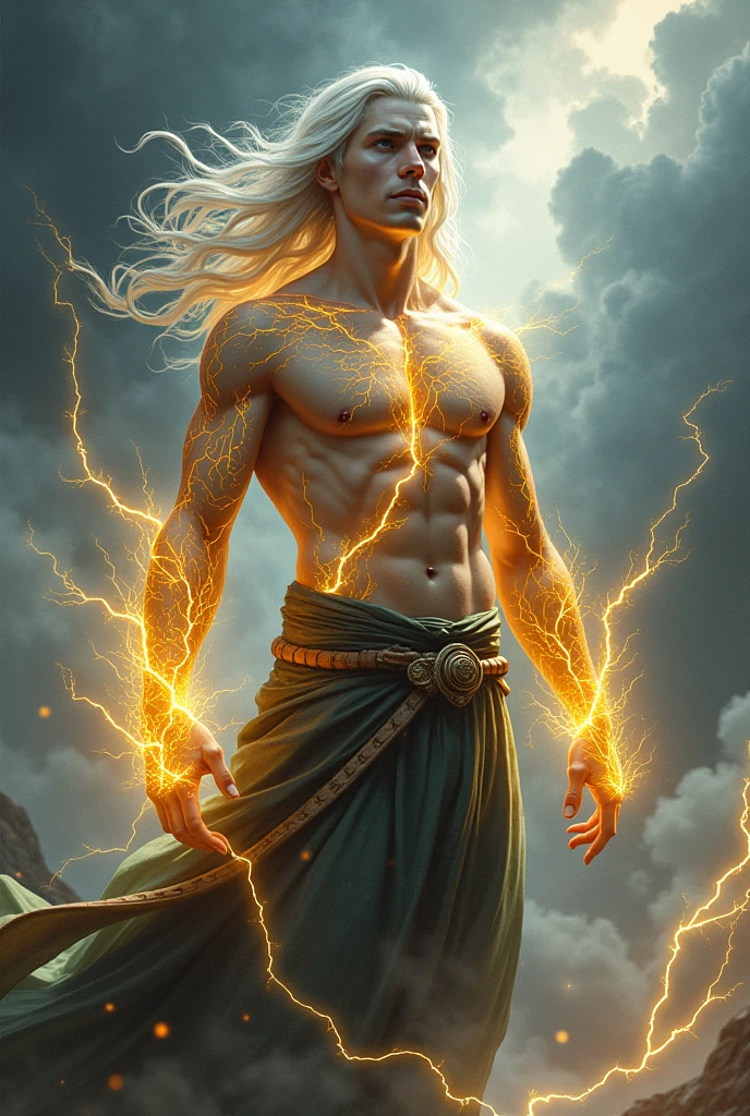 create a pale-bodied storm cleric male , white hair and yellow lightning tattoos all over his body, your face is younger and more attractive