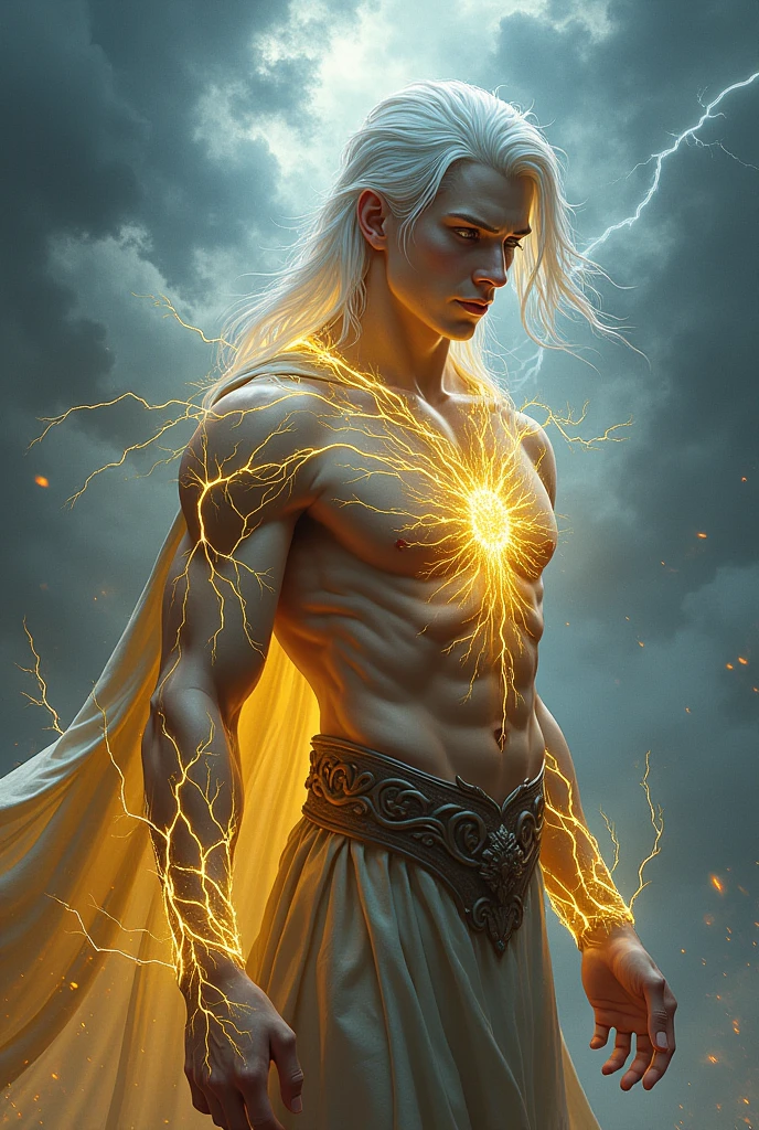 create a pale-bodied storm cleric male , white hair and yellow lightning tattoos all over his body, your face is younger and more attractive