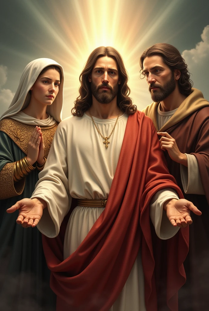 (photorealism:1.2) Jesus with nail marks on hand , divine mercy, our mother of perpetual help, saint Joseph