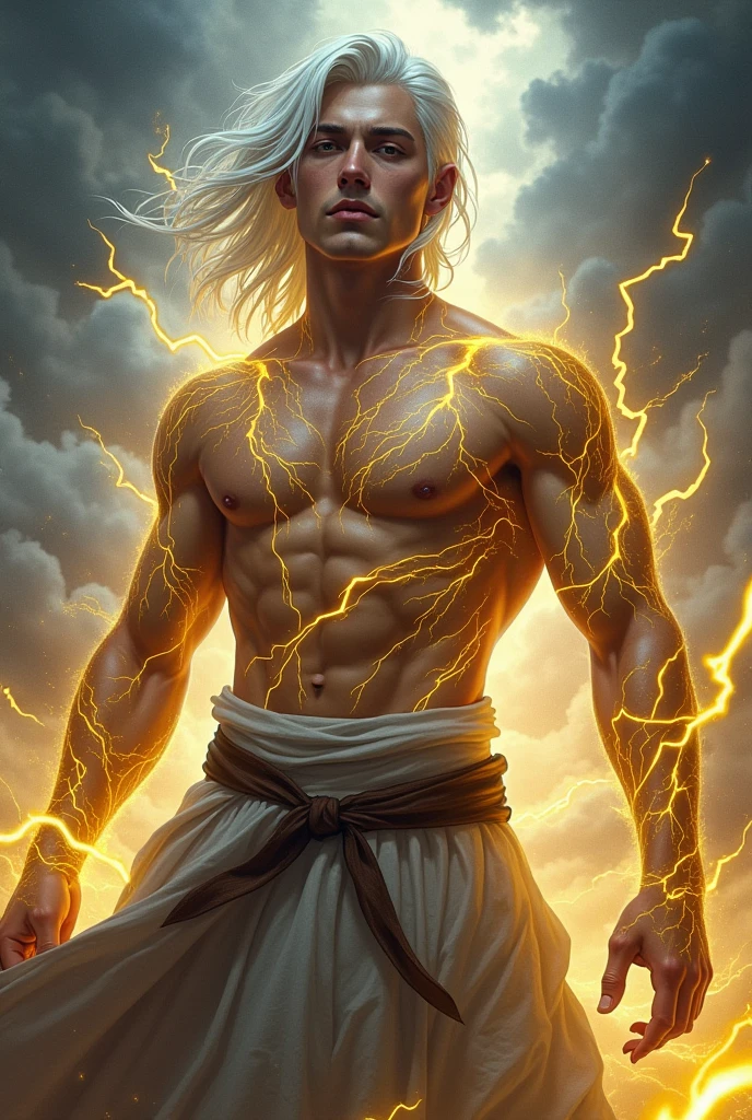 create a pale-bodied storm cleric male , white hair and yellow lightning tattoos all over his body, your face is younger and more attractive