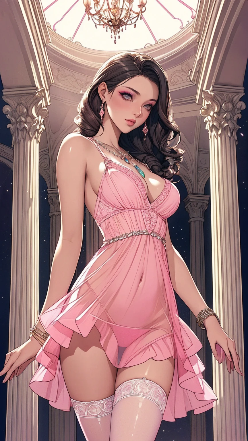 A beautiful semi-nude young woman in an erotic pink dress, semi nude, a deep slit skirt, ((transparent fabric)),(masterpiece: 1.1), (best quality: 1.1), (anatomically correct: 1.1), (perfect hands: 1.1), ((face detail: 1.3)), (skin detail), (perfect eyes), (perfect nose), (realistic), octane rendering, sharp focus, (8k), (4k), (masterpiece), (best quality), ((huge lips: 1.3)), detailed background, art by artgerm and Greg Rutkowski, Cinematic lighting, 8K