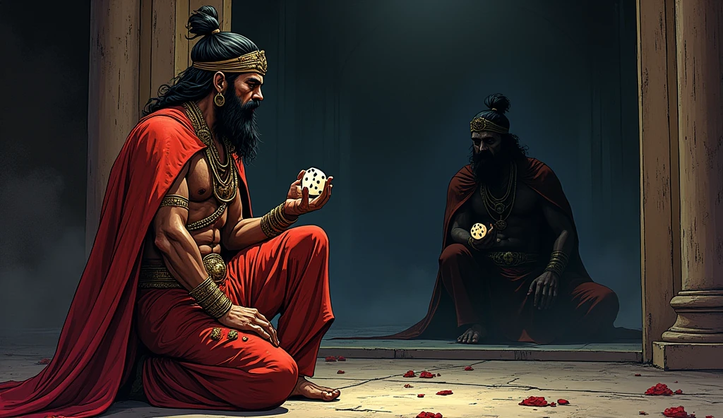 Shakuni, dressed in royal attire, kneels before Dhritarashtra and Gandhari, his face calm and loyal. Behind him, a shadowy reflection reveals his true sinister expression, with the bone dice glowing faintly in his hand. The contrast between his outward loyalty and inner deceit is emphasized. In comic style