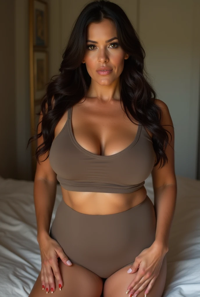 Arafed femme âgée de 50 ans avec débardeur et culotte assortis, fille sexy aux yeux bruns avec de gros seins et de belle forme, cheveux bruns et grands yeux, selfie d'une femme, Yeux de chambre, sans maquillage, maquillage naturel, regarder directement la caméra, Visage avec Artgram, Maquillage subtil, Superbe photo du corps entier, dans la chambre, clivage