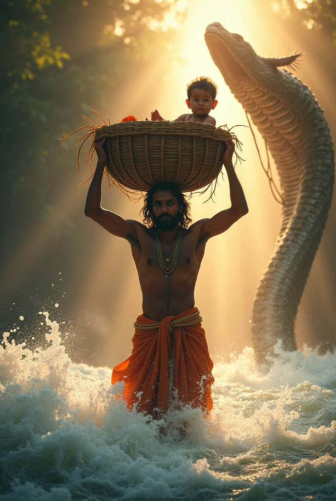 Vasudev picked up on his head Shri Krishna in a bamboo basket, the scene is The rising of the river and the protection of the serpent god over Krishna