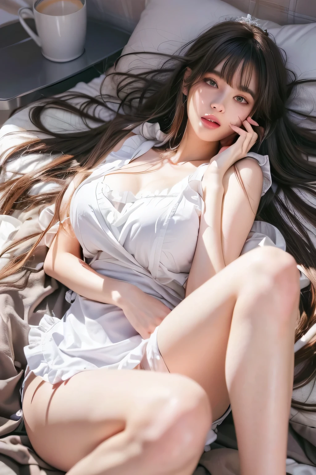 1girl, solo, long hair, breasts, looking at viewer, blush, bangs, large breasts, black hair, hair ornament, red eyes, cleavage, very long hair, thighs, sweat, lying, frills, parted lips, blunt bangs, on back, apron, cup, pillow, white apron, areola slip, knee up, frilled apron, naked apron, beautiful face, tyndall effect, photorealistic, 8k uhd, dslr, high quality, volumetric lighting, candid, Photograph, high resolution, 4k, 8k, Bokeh, (hyper-realistic girl), (illustration), (high resolution), (extremely detailed), (best illustration), (beautiful detailed eyes), (best quality), (ultra-detailed), (masterpiece), (wallpaper), (photorealistic), (natural light), (rim lighting), (detailed face), (high detailed realistic skin face texture), (anatomically correct), (perfect hands), (correct fingers), (heterochromic eyes), (detailed eyes), (sparkling eyes), (dynamic pose), (loose hair:1.35), looking to viewers,