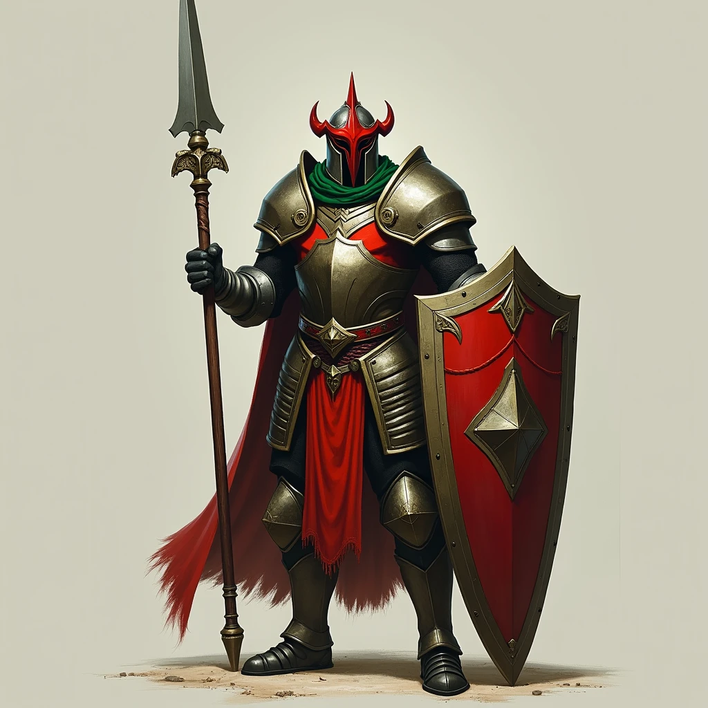 Elden ring, limgrave knight, great spear, great shield, hellmet, red and green armor, portrait, hidden face