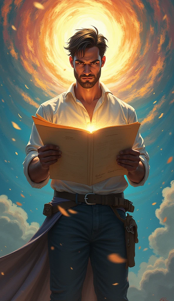 a painting of a man, James Dean Style ((sexy men)) , ((muscular body,strong,shapely and muscular legs)), ((large and strong breasts)), ((sorcerer)), ((magician))with an open book and lights coming out of the book, holding a staff, (((full body shot)), full body man, ((in the background Celtic magical forest with thunder)), Frank Kelly Freas, Karol Bak style, best quality,32k ultra quality, parade paper quality, movie picture, Classic 8K