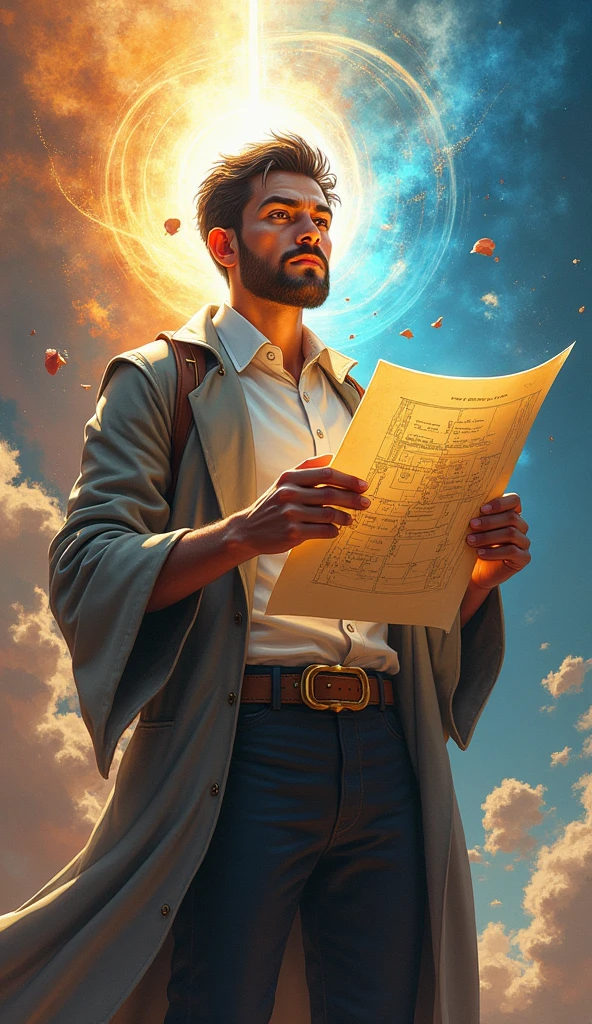 A visionary character holding a blueprint, with a bright light shining on it, symbolizing the idea that dreams are more than wishes—they are plans for destiny. The background is a blend of radiant colors and shapes, symbolizing creativity and determination.