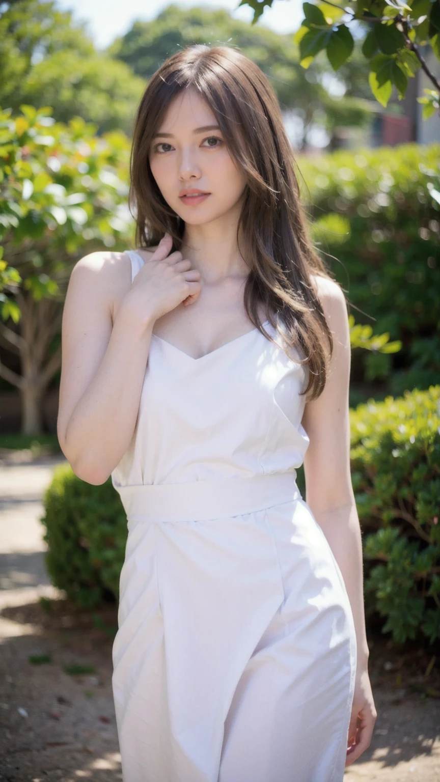 (Raw photo, Best Quality), (Realistic, Photorealsitic:1.3), masutepiece, Extremely delicate and beautiful, Soft light, (Brown hair, Shoulder-length straight hair swaying in the wind), Beautiful detailed girl, (Detailed fingers), extremely detailed eye and face, beautiful detailed nose, Beautiful detailed eyes, 1 girl, Japanese, Neat and clean beauty, Cute, young, ((white dress)), Pants, (Half body:1.3), (big breasts:1.2), Realistic face, Realistic body, standing