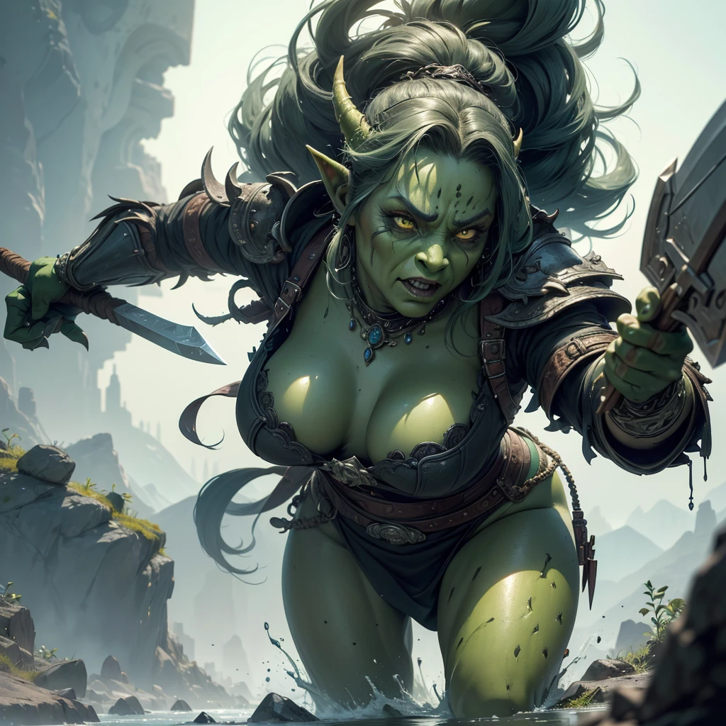 naz_grandmight, mature female, detailed, masterpiece, HDR, detailed sharp, best quality, highres, 1girl, solo, 
makeup, thick lips, lipstick, eyeshadow,   
colored skin, orc, pointy_ears, tusks,
pelvic_curtain, armor, fur_trim, single pauldron, 
fighting_stance, from side, 
backlighting, depth of field, indirect lighting, dim lighting, 
curvy, thick thighs, narrow waist, wide hips, large breasts, soft, squishy,  
<lora:naz_grandmight_v01:0.80>