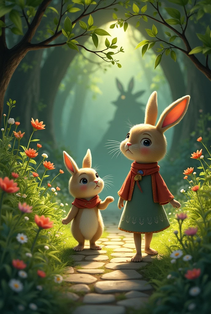 The rabbit guiding Sara to a hidden, magical cave in the garden, surrounded by lush greenery.