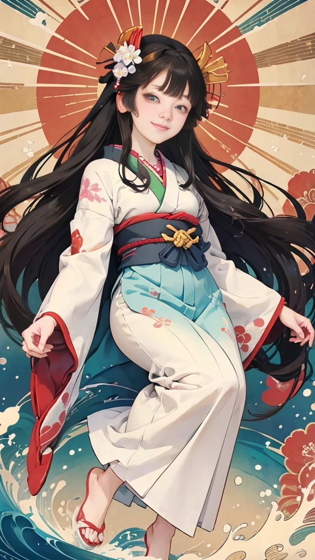 A beautiful woman smiles and shows her upper white teeth、Vividly colored Japanese Ukiyo-e style illustrations、(SeaArt creates stunning illustrations of beautiful women in kimono)、Brown-black long hair、Beautiful full body style、Let's dance a little Tokyo Ondo Yoiyoi、Beautiful new digital paintings,、Bright vibrant digital anime art、 Detailed digital anime art、 Beautiful anime portraits、background、Torii gate of a shrine in Kyoto, Japan、Detailed CG、