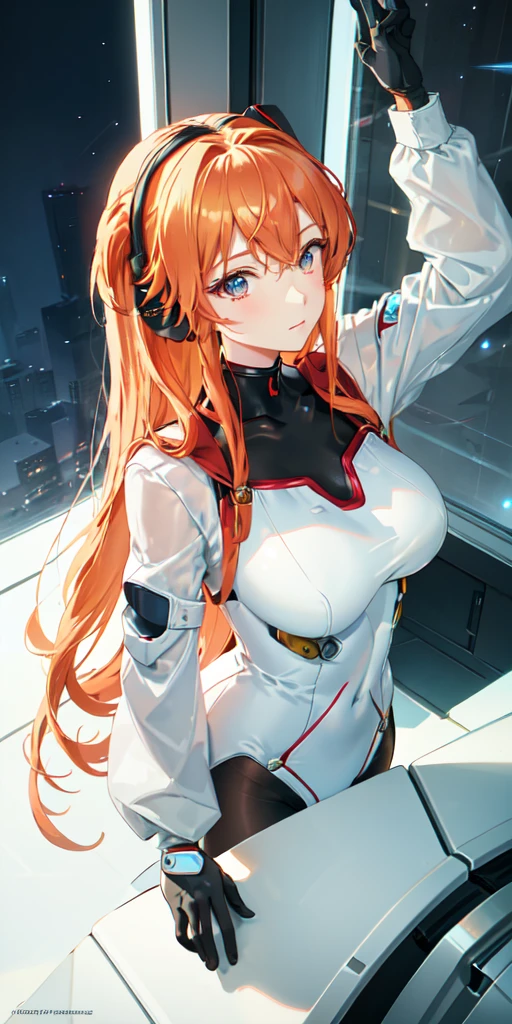 (Overhead view),dynamic angle,ultra-detailed, illustration, close-up, straight on, 1girl, 
 ((souryuu asuka langley, interface headset, red bodysuit:1.4, blonde)),Her eyes shone like dreamy stars,(glowing eyes:1.233),(beautiful and detailed eyes:1.1),(expressionless,closed mouth),(standing), 
(mechanic room with toolsand spaceship windowin a white SPACESHIP),
(night:1.2),dreamy, [[delicate fingers and hands:0.55]::0.85],(detail fingers),