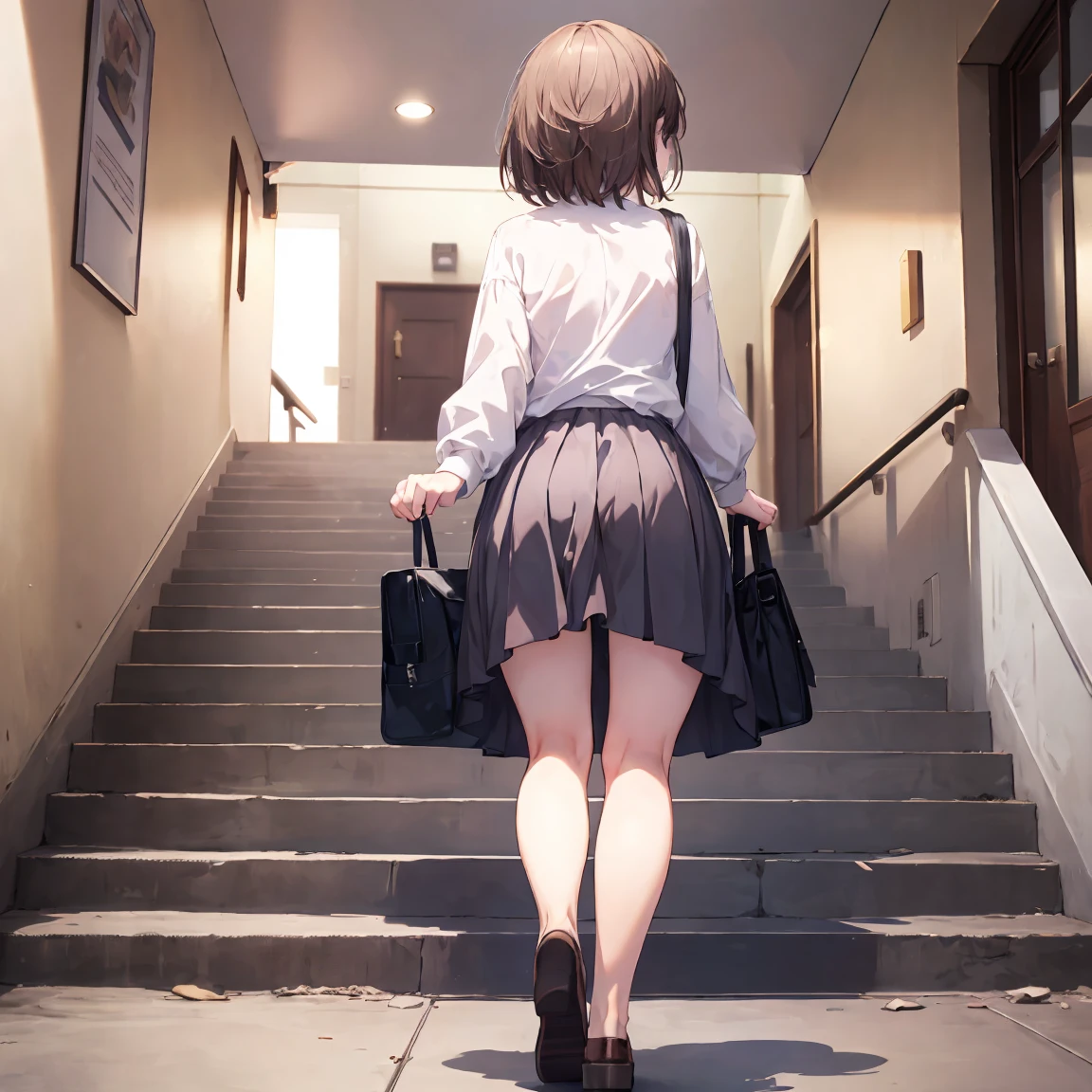 animese anime woman in skirt and blouse, walking up the stairs, 1woman, stairs, skirt, brown hair,long hair,solo, grey skirt,school uniform, pleated skirt,(((covering ass))), blush, long sleeves, bangs,(( from behind)),full body,White panties,bag,clothes tug, skirt tug,