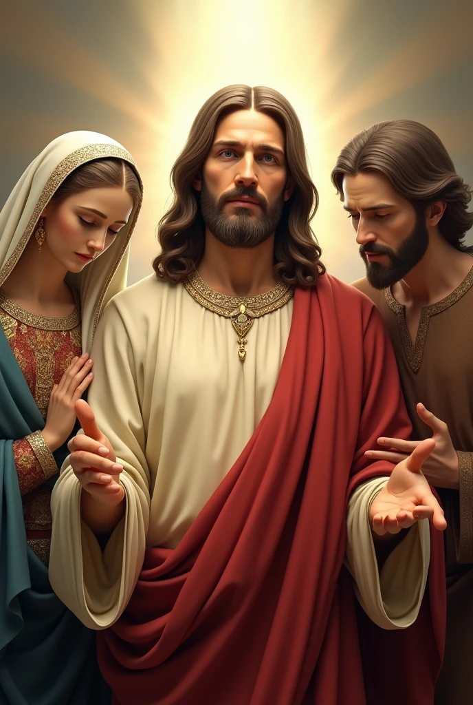 (photorealism:1.2) Jesus with nail marks on hand , divine mercy, our mother of perpetual help, saint Joseph