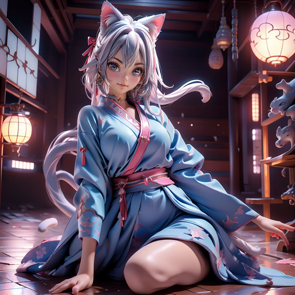 Moisturized Skin, (blue eyes), Realistic body, (Adult female body), Energetic, 3DCG, front, High angle, Pink lipstick, (Beautiful belly button), (Silver Hair), ((Cat ear)), Beautiful Hair, (Samurai Armor: 1.3), ((masterpiece + Highest quality + High resolution + Very detailed)), (whole body: 1.2), Landing, Spread your legs out to the sides, Place your left hand on the ground, Holding a Japanese sword