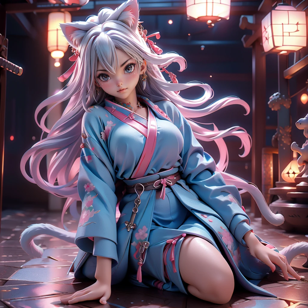Moisturized Skin, (blue eyes), Realistic body, (Adult female body), Energetic, 3DCG, front, High angle, Pink lipstick, (Beautiful belly button), (Silver Hair), ((Cat ear)), Beautiful Hair, (Samurai Armor: 1.3), ((masterpiece + Highest quality + High resolution + Very detailed)), (whole body: 1.2), Landing, Spread your legs out to the sides, Place your left hand on the ground, Holding a Japanese sword