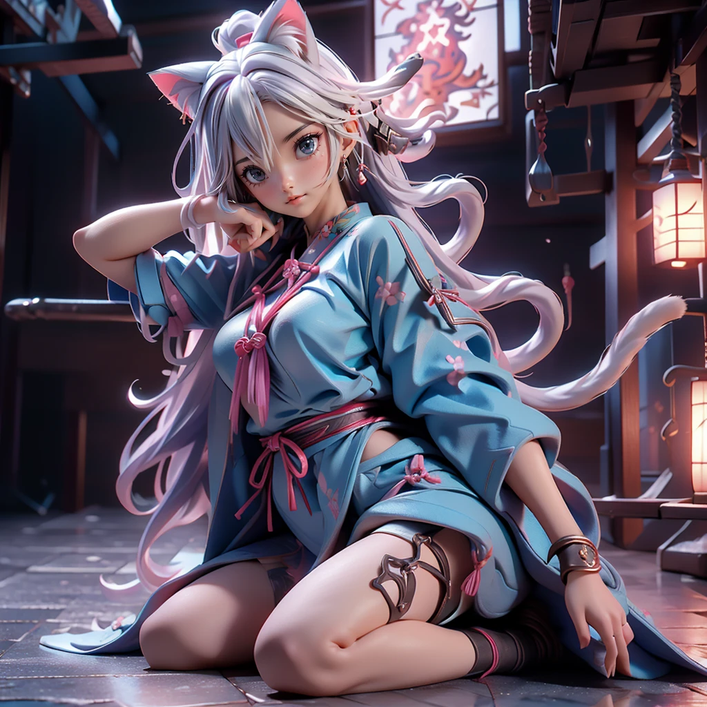 Moisturized Skin, (blue eyes), Realistic body, (Adult female body), Energetic, 3DCG, front, High angle, Pink lipstick, (Beautiful belly button), (Silver Hair), ((Cat ear)), Beautiful Hair, (Samurai Armor: 1.3), ((masterpiece + Highest quality + High resolution + Very detailed)), (whole body: 1.2), Landing, Spread your legs out to the sides, Place your left hand on the ground, Holding a Japanese sword