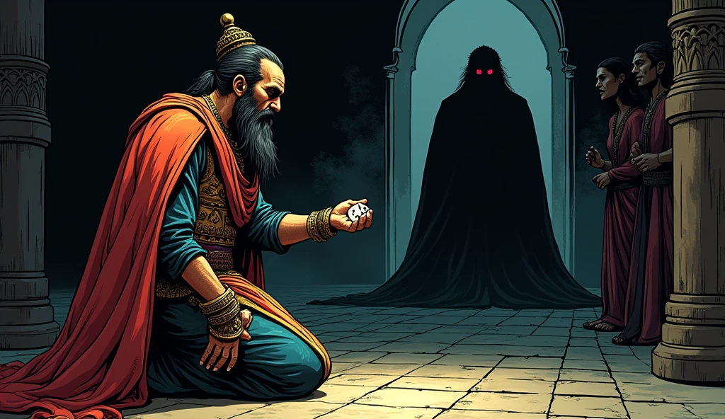 Shakuni, dressed in royal attire, kneels before Dhritarashtra and Gandhari, his face calm and loyal. Behind him, a shadowy reflection reveals his true sinister expression, with the bone dice glowing faintly in his hand. The contrast between his outward loyalty and inner deceit is emphasized. In comic style