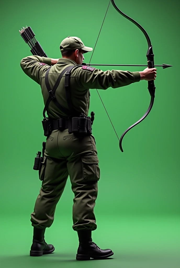 Standing soldier, aiming attack with bow and arrow in hand , male, Green uniform , Hat on the head , full rear viewed,plain green screen background