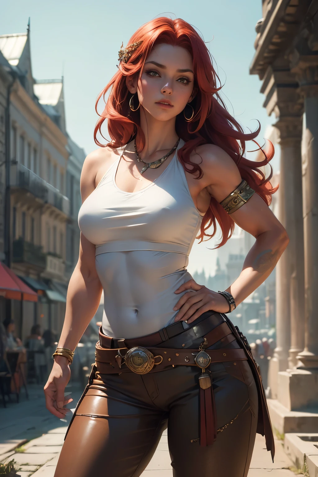 (best quality,4k,8k,highres,masterpiece:1.2),ultra-detailed, Amazonian Readhead, Viking Princess, laurenphillips, red hair, white seethru tanktop, brown pants, triumphant pose, -Muscular Female-, HDR, 8k, absurdres, cinestill 800, sharp focus, add_detail:2, (solo, woman)