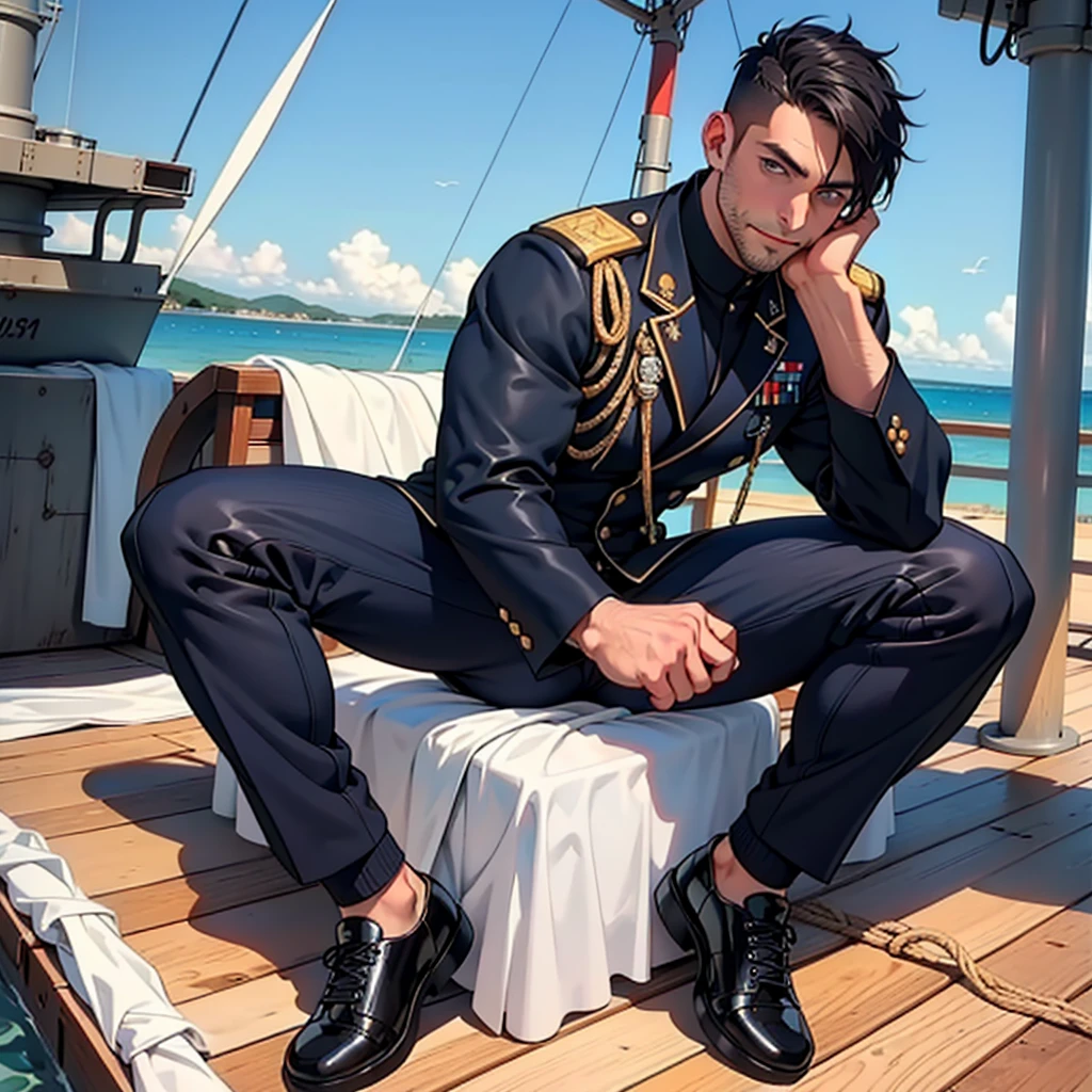 masterpiece, best quality, detailed face, detailed eyes, solo man, european, big feet, black socks, full body, large bulge, long legs, looking at viewer, 30 years old, muscled and mature, sea, a navy soldier, white navy army uniform, wearing black leather shoe, short haircut, sitting on a ship deck with legs stretched, deck, ship, sea, ship deck, blue eyes, flush, organism, face covered with white fluids, sweating, tight cloth, erecting