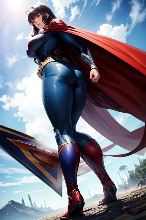 NFSW,{{{Giganteess}}}, ((A superhero in a student's room)), (with a confused and frightened expression), ((looking into a mirror), with a pink outfit, with a heart in his chest, Red hair, pink eyes, Waist slender, wide hip, Bullish,
