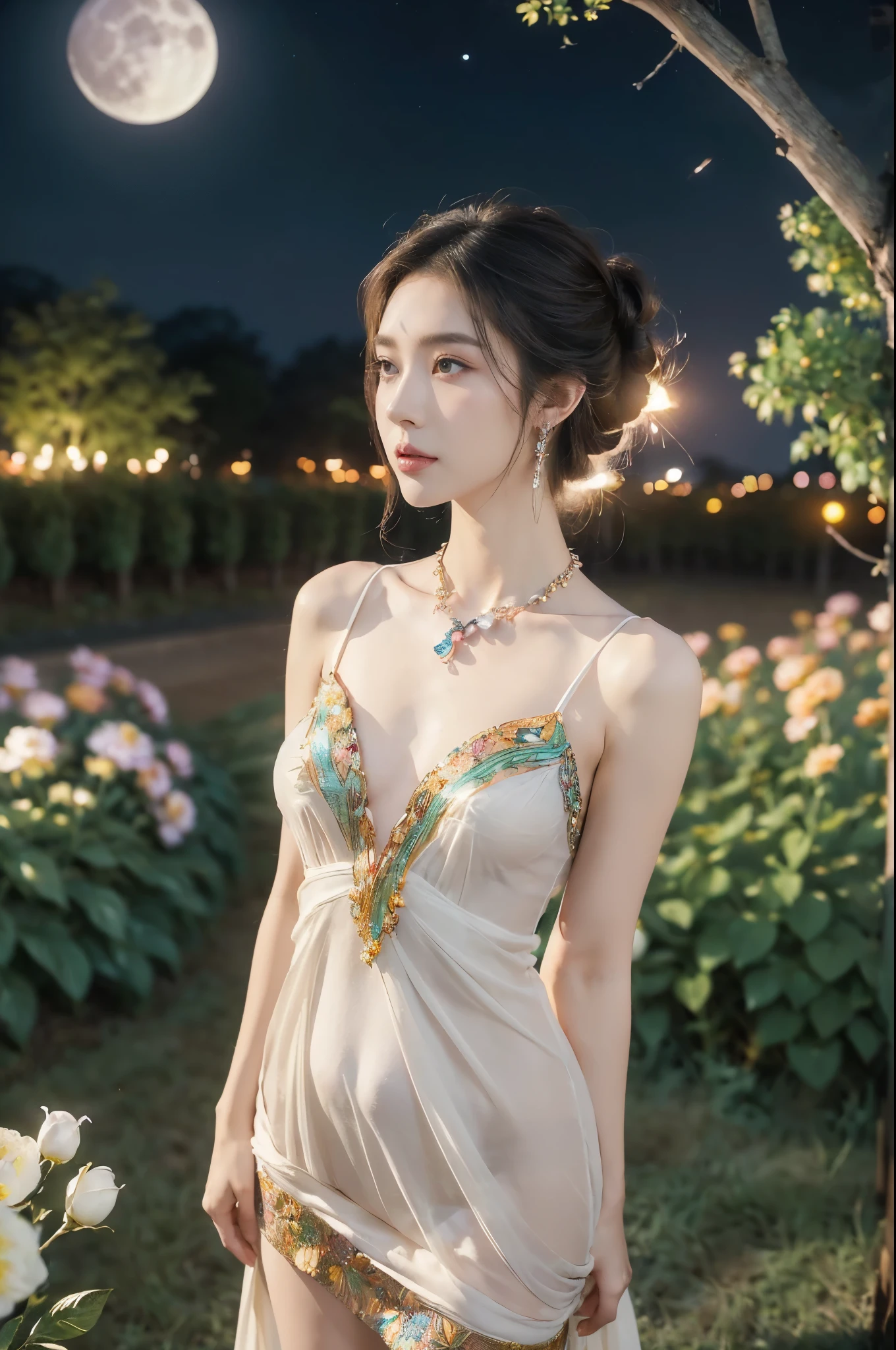 (((best quality))),(((ultra detailed))),(((masterpiece))),illustration,((1 beautiful girl,solo)),(neat chignon:1.2),((earrings,crystal necklace)),((slim,thin)),((small breasts,flat chest)),(slender legs:1.2),(stockings:1.3),(a moon in the clear night sky as the background:1.3), gentle glow,(Standing in the world full of vibrant flowers:1.3),(arms behind back:1.3),(gorgeous maxi dress:1.3),sparkling eyes,graceful,(surrounded by crowded colorful flowers:1.5), kaleidoscope, shimmer,bright moonlight, delicate petals, fragrance, otherworldly, magical realm, enchantment, tranquility, essence of beauty, peace,(outdoor:1.),(night scene:1.3),((from front,upper body))