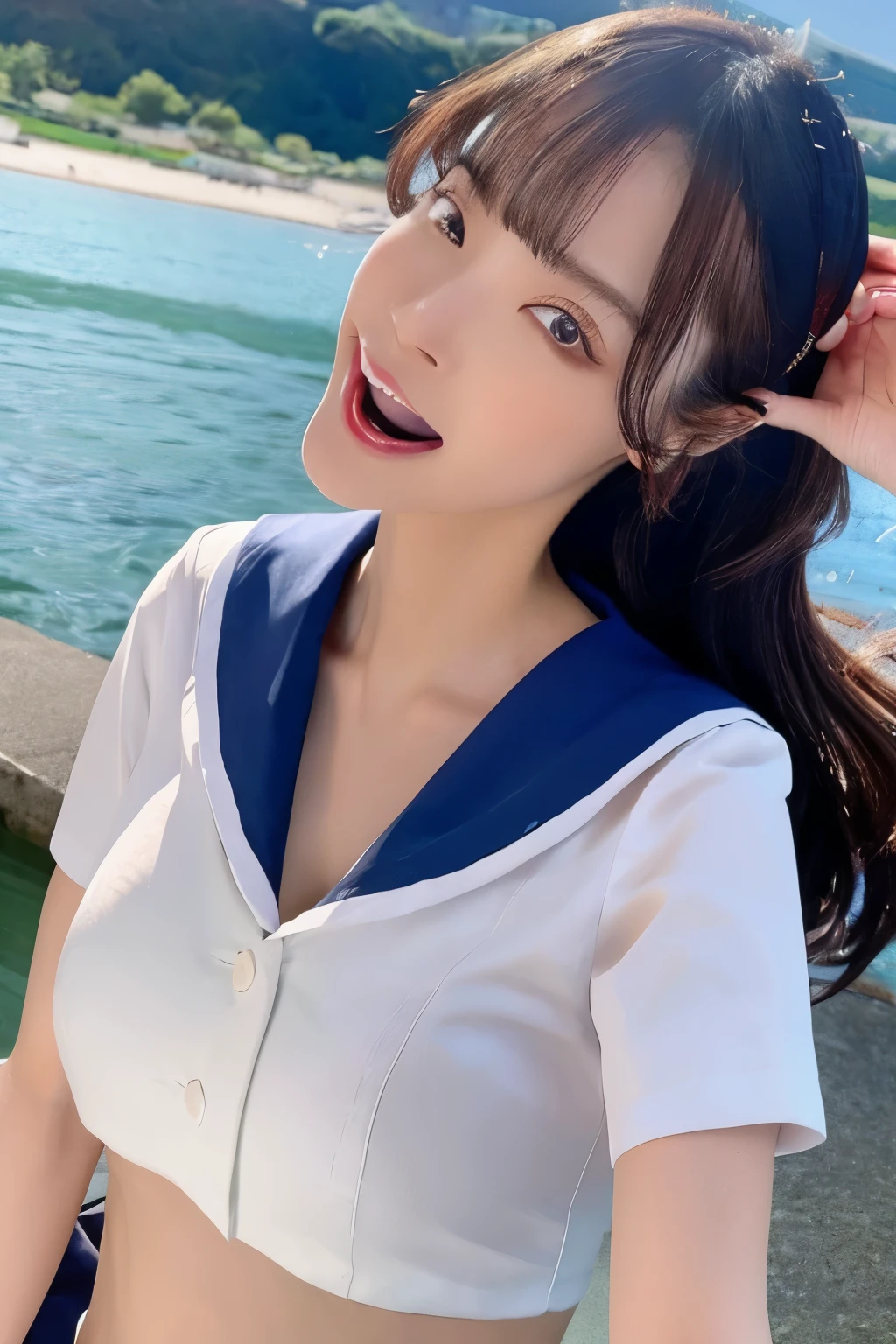 RAW Photos, (8k), (Highest quality:1.2), (Genuine), (Genuine:1.37), Ultra-high resolution, High school girl selfie, (One Woman, half Korean and half Ukrainian, 80% Korean, she is standing on the beach. RAW Photos, 8k, Highest quality, Ultra-high resolution, Beautiful facial details, Genuine human skin, Gentle expression, front, Angle from below, Hair length, Genuine, cute, Short skirt, Ocean, cute high school girl, she is a little wet with Ocean water in Japanese uniform, kimono, surGenuine high school girl, Lesbians around the world, Big Breasts, Upper Body, Face close-up, Big smile
