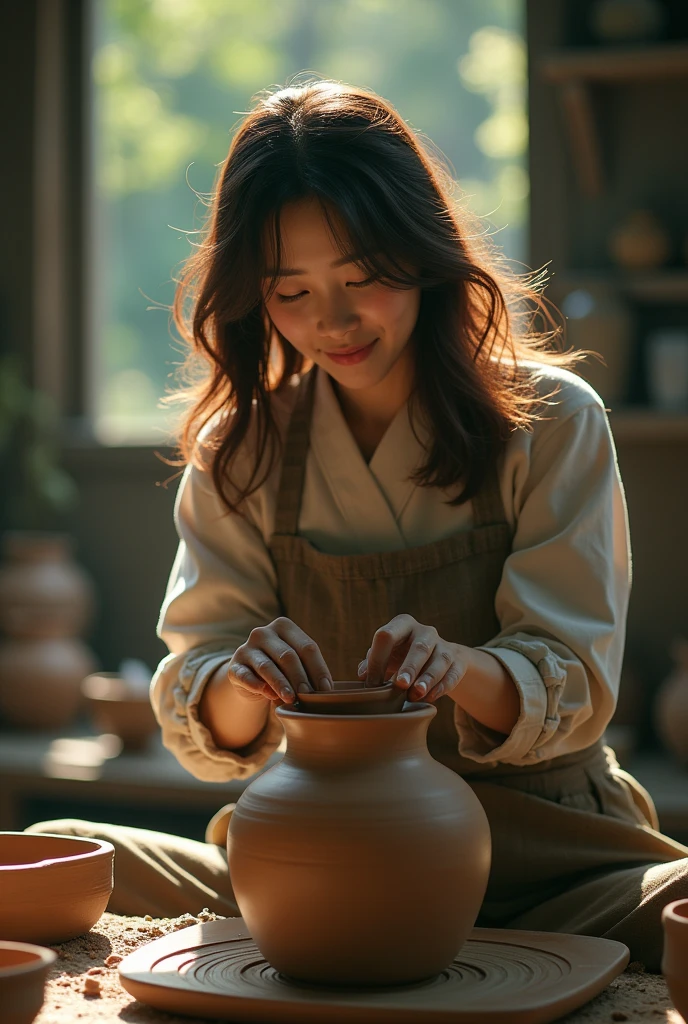 (8k, RAW photo, best quality, masterpiece), (photorealistic), outstanding details, ultra-high resolution, anatomically correct, textured skin, (Extremely precise and accurate anatomy), Ultra Detailed Face, Detailed Eyes, (Cute Japanese girl, 20 years old), light smile, A potter working in her studio in the forest, She makes big pots out of clay, cinematic lighting in the hair, hair light, wind in the hair, A square in the forest, (backlighting), reflection light, atmospheric perspective, depth of field, (dramatic lighting), cinematic lighting,