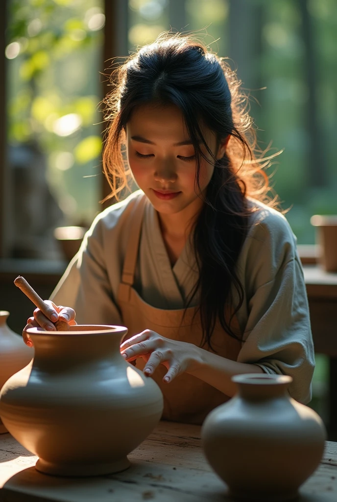 (8k, RAW photo, best quality, masterpiece), (photorealistic), outstanding details, ultra-high resolution, anatomically correct, textured skin, (Extremely precise and accurate anatomy), Ultra Detailed Face, Detailed Eyes, (Cute Japanese girl, 20 years old), light smile, A potter working in her studio in the forest, She makes big pots out of clay, cinematic lighting in the hair, hair light, wind in the hair, A square in the forest, (backlighting), reflection light, atmospheric perspective, depth of field, (dramatic lighting), cinematic lighting,