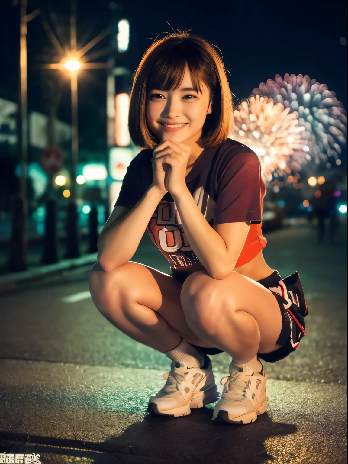 (8k, Top quality, Masterpiece:1.2), (Realistic, photo-realistic:1.37), Super detailed, perfect anatomy, cute, small eyes, 1, a Japanese, girl, shorts, squatting, handheld fireworks, at night, smile,