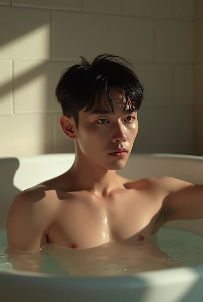 NSFW, ((muste piece)), high resolution, Raw photo, (everything is explained perfectly), perfect limbs, perfect face and eyes, perfect limbs, ((Detailed and accurately drawn hands and fingers)), double beautiful eyes, Depth of bounds written, cinematic lighting, ((a beautiful man)), (With bangs), (short hair), realistic background, Delicate hair depiction, ((Handsome guy)), detailed, (whole body focus), Nobody is here, (bath), ((Very beautiful profile)), beautiful nose