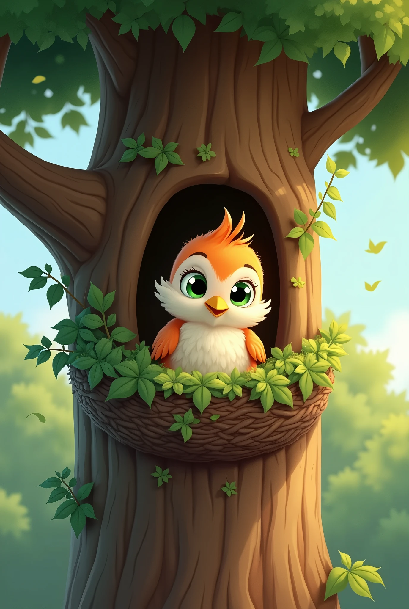 Cartoon Character, Benny was a bird who lived in a cozy nest high up in a tall tree. He had fluffy feathers and bright green eyes, but there was something that made Benny different from the other birds. Benny was afraid to fly.
