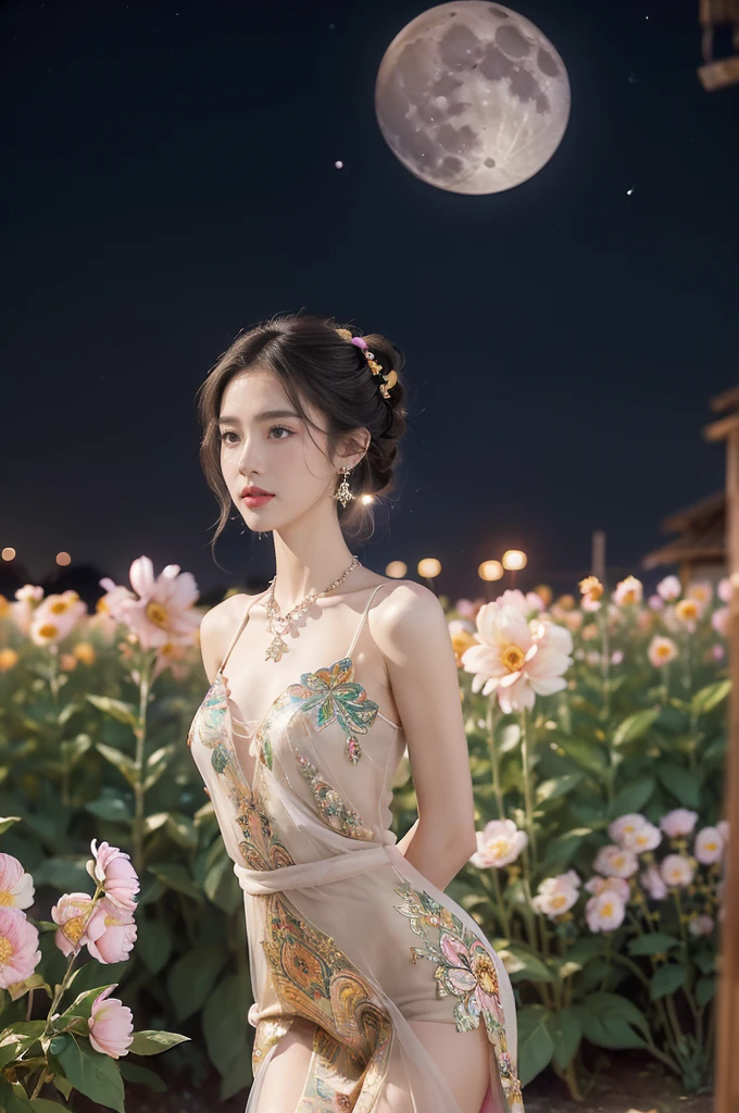 (((best quality))),(((ultra detailed))),(((masterpiece))),illustration,((1 beautiful girl,solo)),(neat chignon:1.2),((earrings,crystal necklace)),((slim,thin)),((small breasts,flat chest)),(slender legs:1.2),(stockings:1.3),(a moon in the clear night sky as the background:1.3), gentle glow,(Standing in the world full of vibrant flowers:1.3),(arms behind back:1.3),(gorgeous maxi dress:1.3),sparkling eyes,graceful,(surrounded by crowded colorful flowers:1.5), kaleidoscope, shimmer,bright moonlight, delicate petals, fragrance, otherworldly, magical realm, enchantment, tranquility, essence of beauty, peace,(outdoor:1.),(night scene:1.3),((from front,upper body))