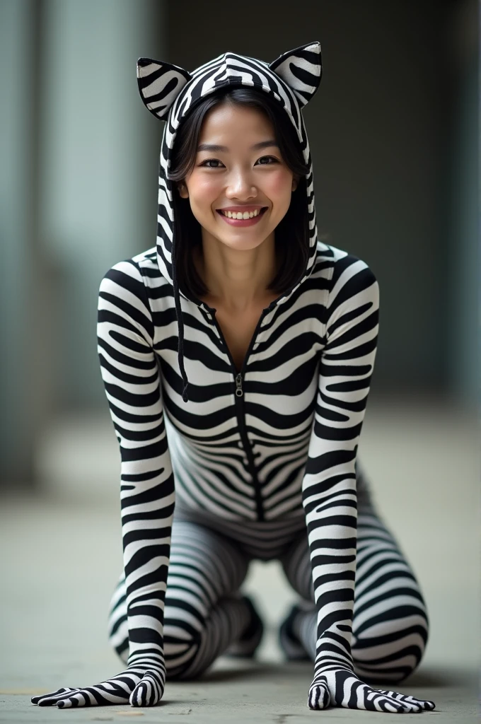 The beautiful Chinese asian adult girl with beautiful cheeks wears plains zebra print lycra turtleneck unitard catsuit covered with stripes and plains zebra print lycra elastane stretchy dancewear hijab-like 100% stretchy zentai hood.She is happy to crawl.She always put fake cat whsikers and nose that are made of black makeup marker pen.




