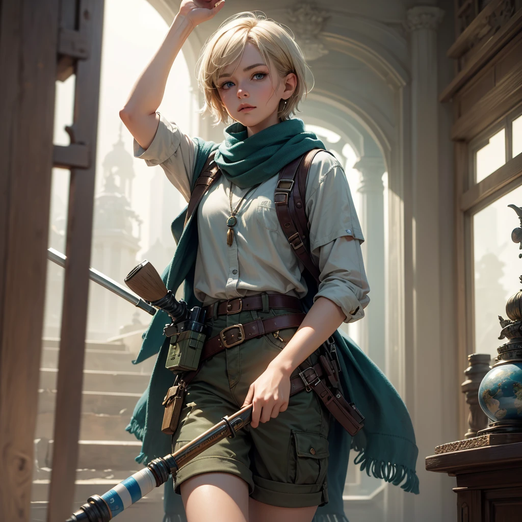 (best quality,4k,8k,highres,masterpiece:1.2),ultra-detailed, 1woman, female gnome, short blond hair, blue eyes, light blue scarf with white stripes, khaki cargo shorts, green vest, wielding an orbstaff, short woman, small woman, HDR, 8k, absurdres, cinestill 800, sharp focus, add_detail:2, photorealistic, (solo, woman)