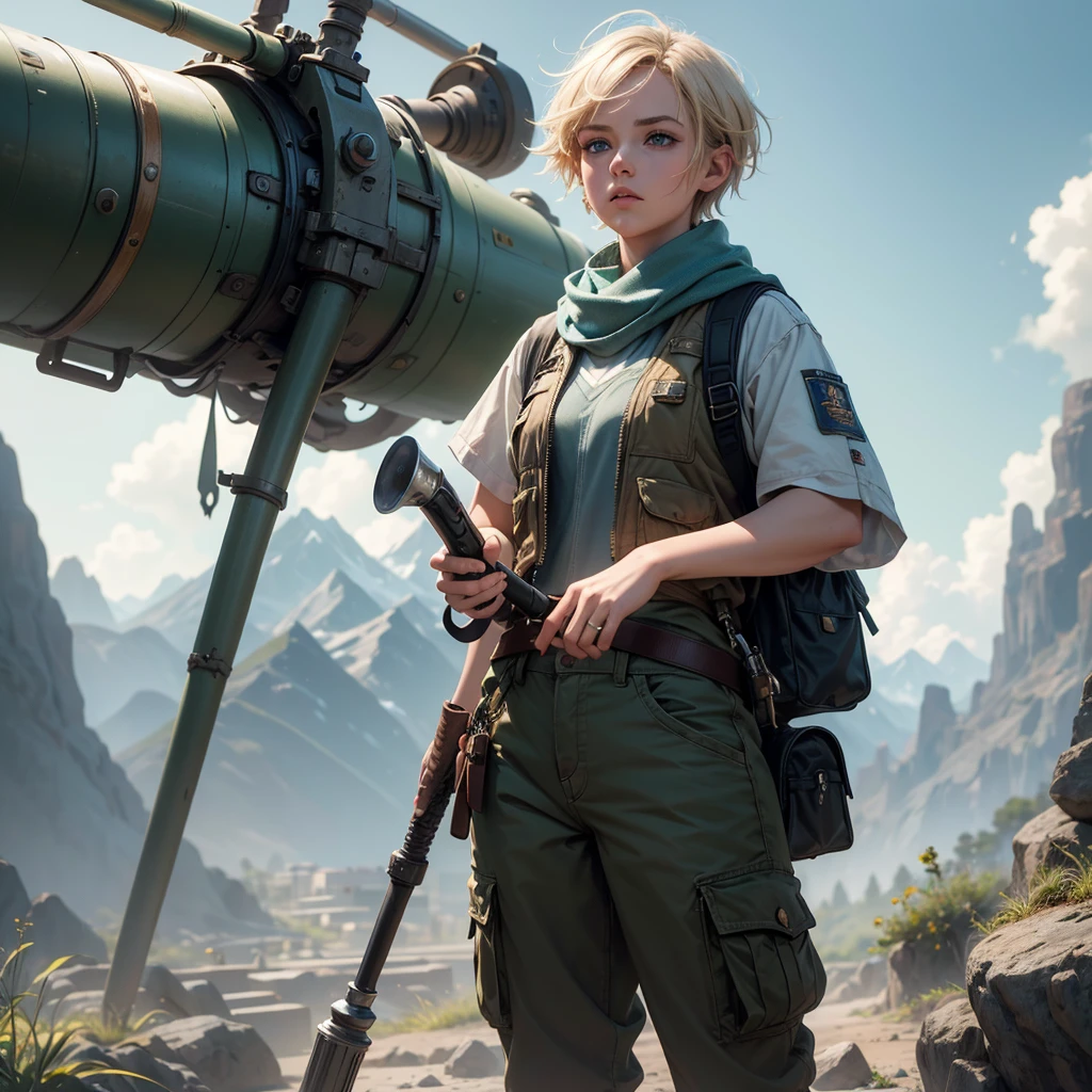 (best quality,4k,8k,highres,masterpiece:1.2),ultra-detailed, 1woman, female gnome, short blond hair, blue eyes, light blue scarf with white stripes, khaki cargo shorts, green vest, wielding an orbstaff, short woman, small woman, HDR, 8k, absurdres, cinestill 800, sharp focus, add_detail:2, photorealistic, (solo, woman)