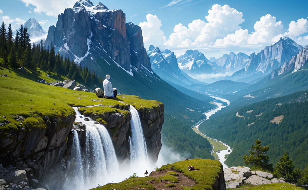 A  person meditating on a mountain under a big leaf raining weather beautiful landscape water fall animals calmly looking at him epic view looks so amazing 