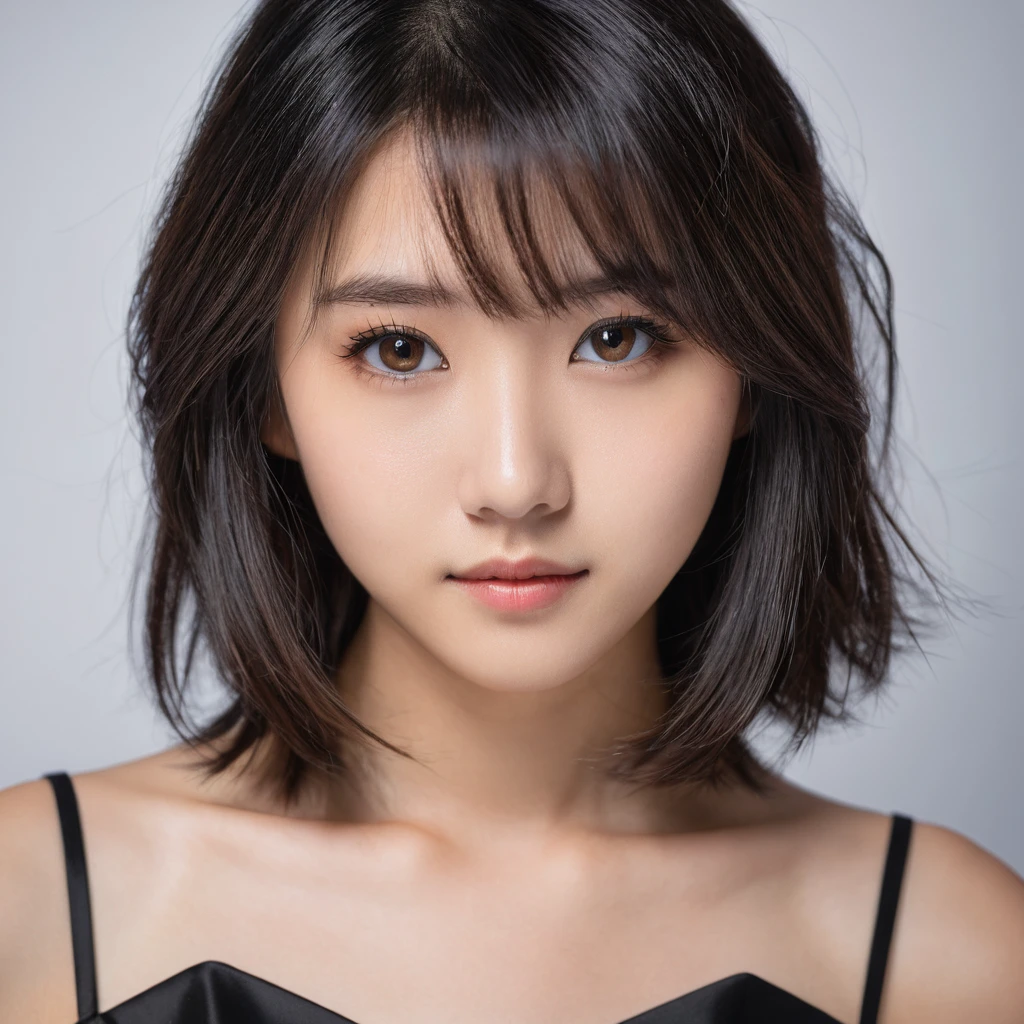 Yui, photo of female, age 15 year, black shoulder length hair with brown highlights; (dslr, ultra quality, film grain, Fujifilm XT3, crystal clear, 8K UHD, highly detailed glossy eyes, high detailed skin, skin pores), wear black dress