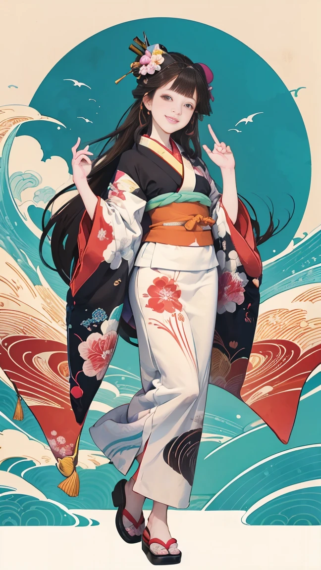 A beautiful woman smiles and shows her upper white teeth、Vividly colored Japanese Ukiyo-e style illustrations、(SeaArt creates stunning illustrations of beautiful women in kimono)、Brown-black long hair、Beautiful full body style、Let's dance a little Tokyo Ondo Yoiyoi、Beautiful new digital paintings,、Bright vibrant digital anime art、 Detailed digital anime art、 Beautiful anime portraits、background、Torii gate of a shrine in Kyoto, Japan、Detailed CG、