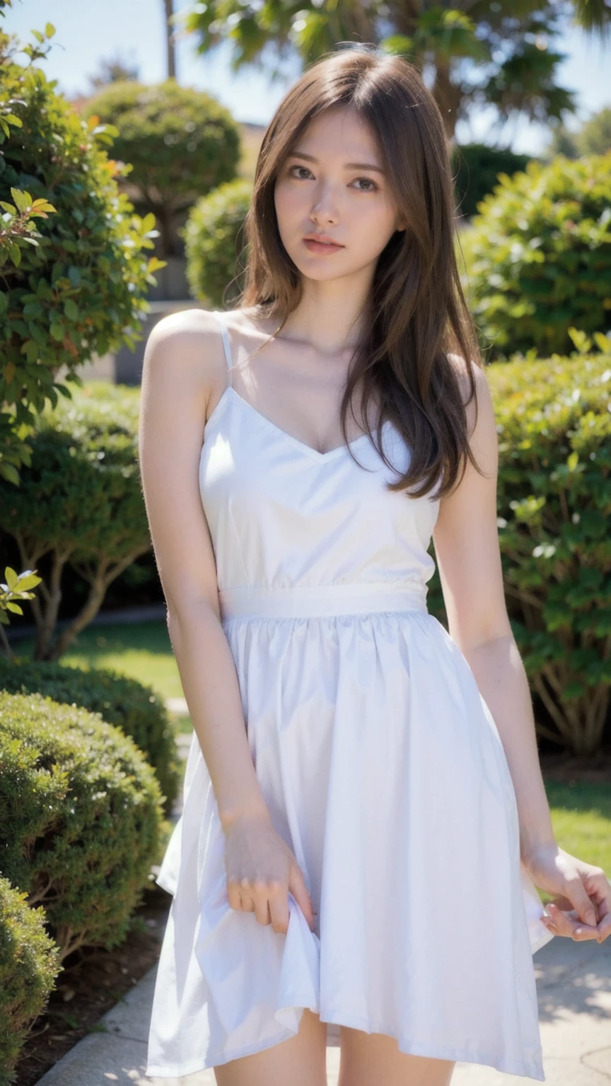 (Raw photo, Best Quality), (Realistic, Photorealsitic:1.3), masutepiece, Extremely delicate and beautiful, Soft light, (Brown hair, Shoulder-length straight hair swaying in the wind), Beautiful detailed girl, (Detailed fingers), extremely detailed eye and face, beautiful detailed nose, Beautiful detailed eyes, 1 girl, Japanese, Neat and clean beauty, Cute, young, ((white dress)), Pants, (Half body:1.3), (big breasts:1.2), Realistic face, Realistic body, standing